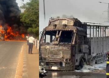 नेशनल हाईवे पर चलते ट्रक में लगी भीषण आग, देखते ही देखते जलकर हो गया खाक, मचा हड़कंप