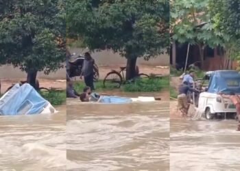 बाढ़ के पानी में बह गया ऑटो, स्थानीय लोगों ने यात्रियों की बचाई जान; सामने आया VIDEO