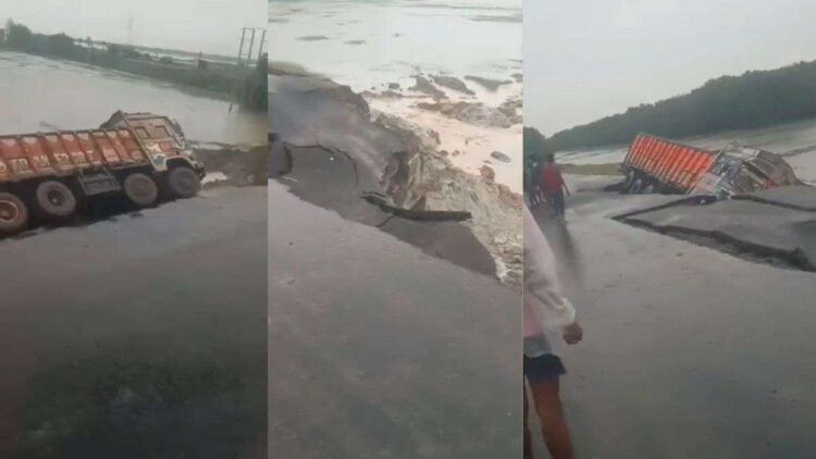बारिश के बीच अचानक धंस गया नेशनल हाईवे का बड़ा हिस्सा, तीन ट्रक खाई में समा गए; VIDEO देखें