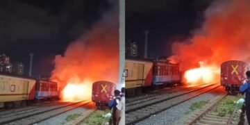 रात के अंधेरे में KSR स्टेशन पर खड़ी ट्रेन की बोगी बनी आग का गोला, धू-धूकर जलती रही; VIDEO आया सामने